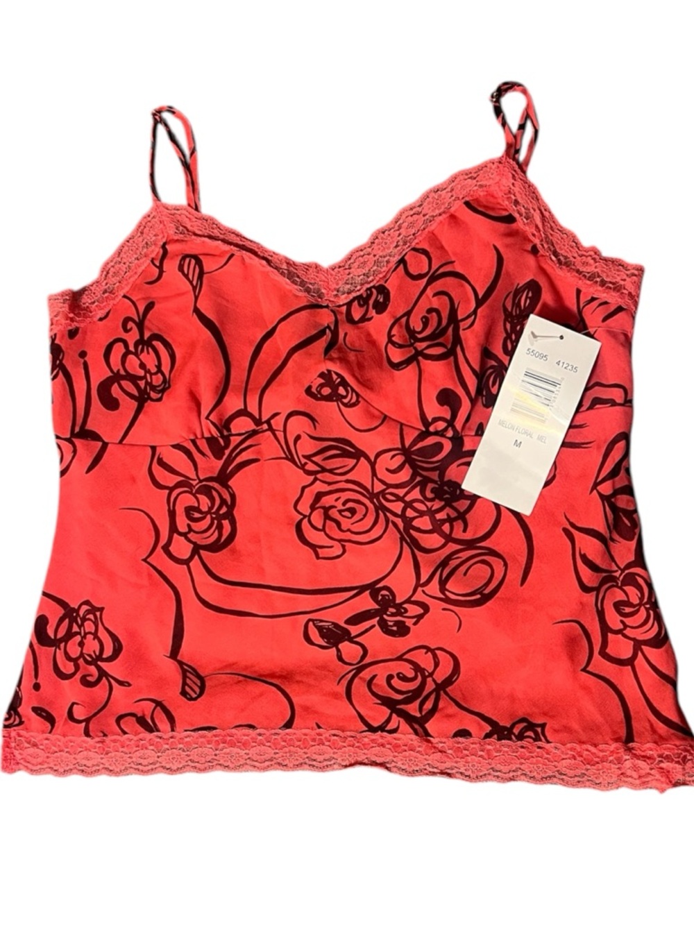 NYC Design Co. Coral Floral Silk Lace Trim Cami Top Women's Size M NWT Y2K